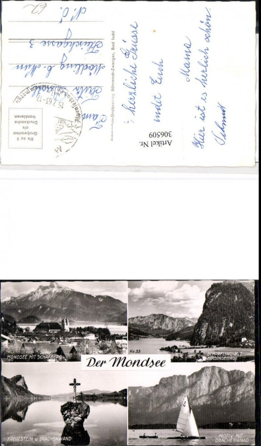 306509,Mondsee Kloster Kreuzstein Scharfling Segelboot Bergkulisse Mehrbildkarte