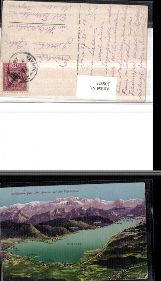 306523,Attersee aus d. Vogelschau St. Georgen Nussdorf Seefeld Steinbach pub F. E. Brandt 1300