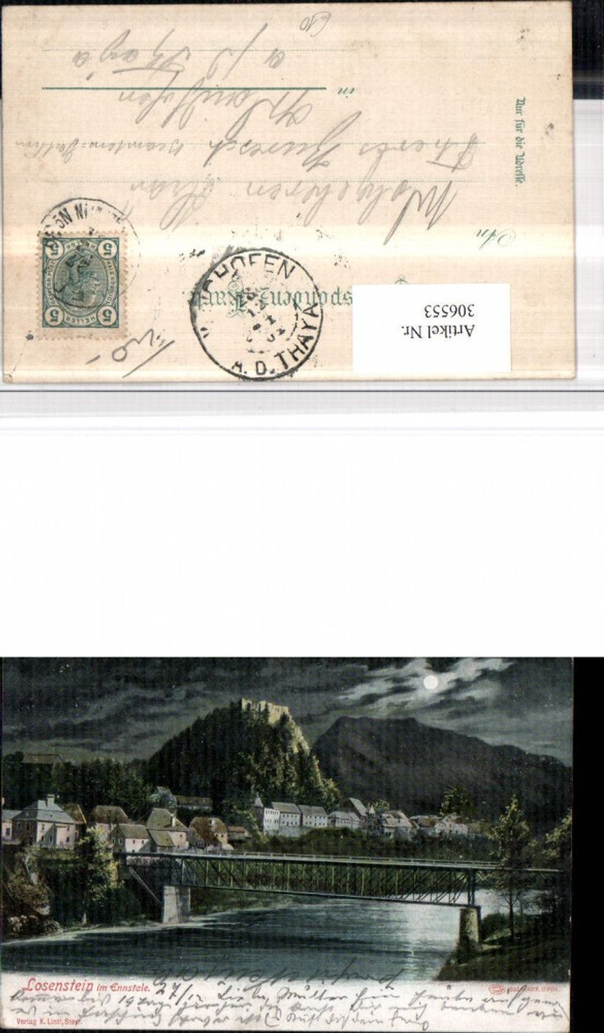 306553,Losenstein im Ennstale Teilansicht Brücke Burg Mondschein