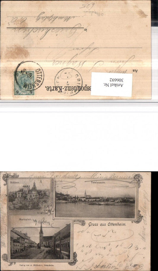 306692,Litho Gruß aus Ottensheim Totale Schoss Marktplatz Straßenansicht Kirche Mehrbildkarte