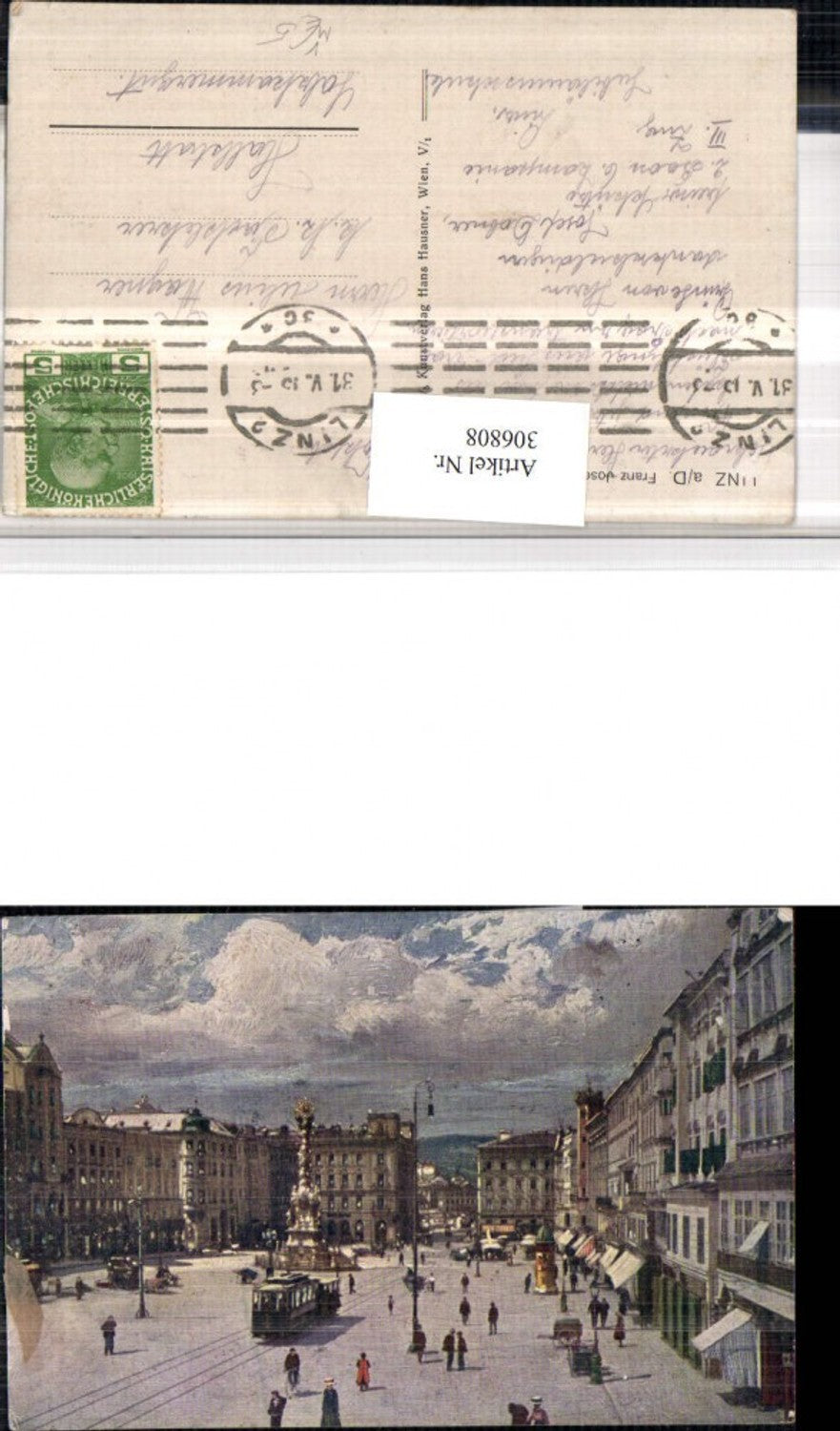 306808,Linz an d. Donau Franz Josef-Platz Pestsäule Geschäfte Straßenbahn pub Hans Hausner