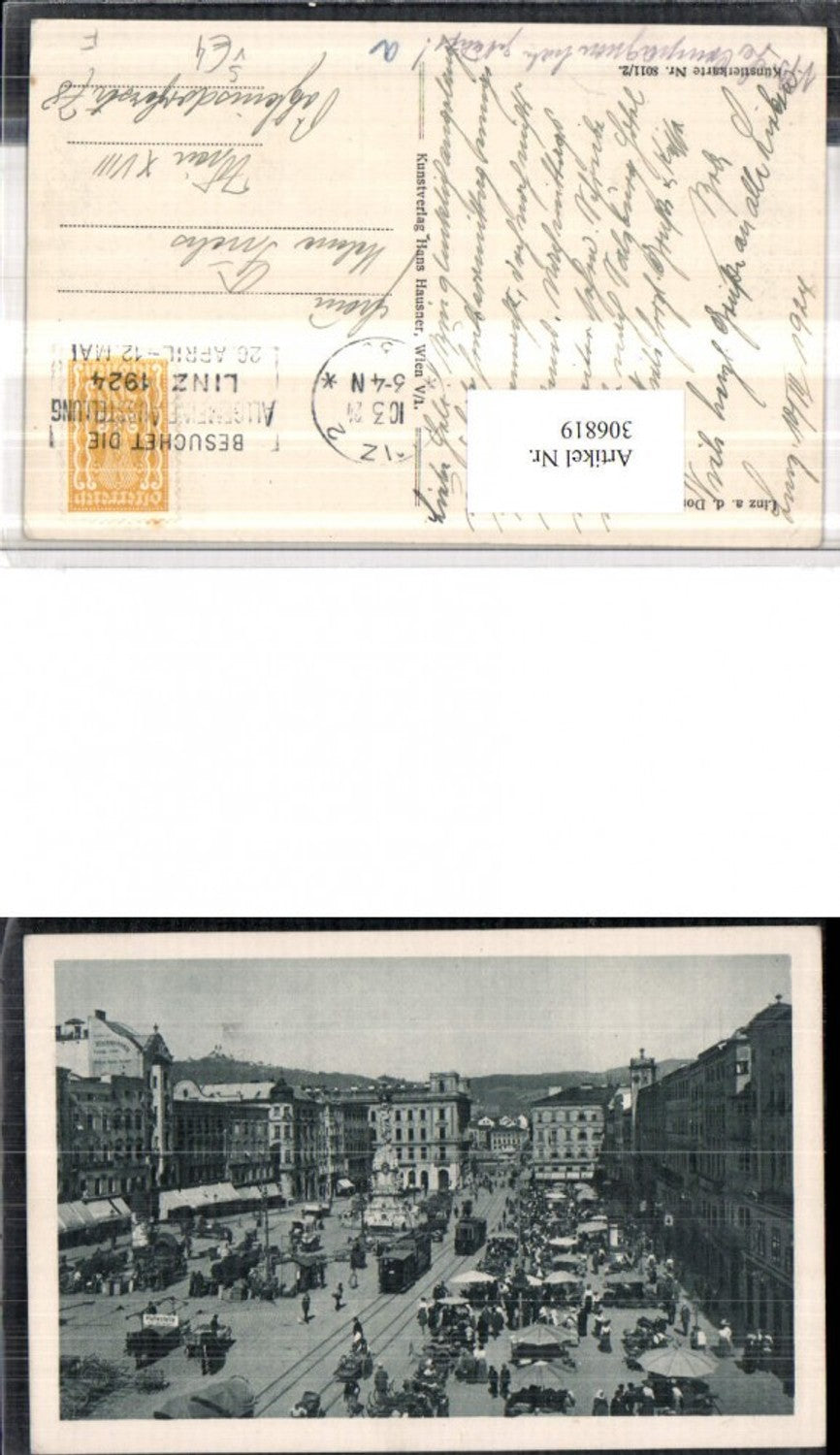 306819,Linz an d. Donau Hauptplatz Straßenbahn Pestsäule pub Hans Hausner 8011/2 Ausstellung 1924