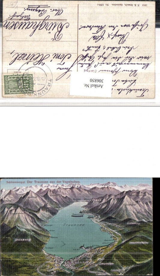 306850,Traunsee aus d. Vogelschau Gmunden Winkl Traunkirchen pub F. E. Brandt 1296c