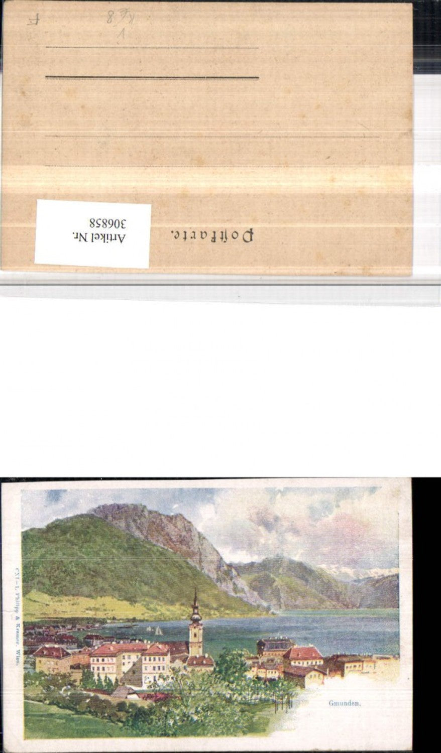 306858,Künstler AK F. Konallik Gmunden Teilansicht Bergkulisse pub Philipp & Kramer