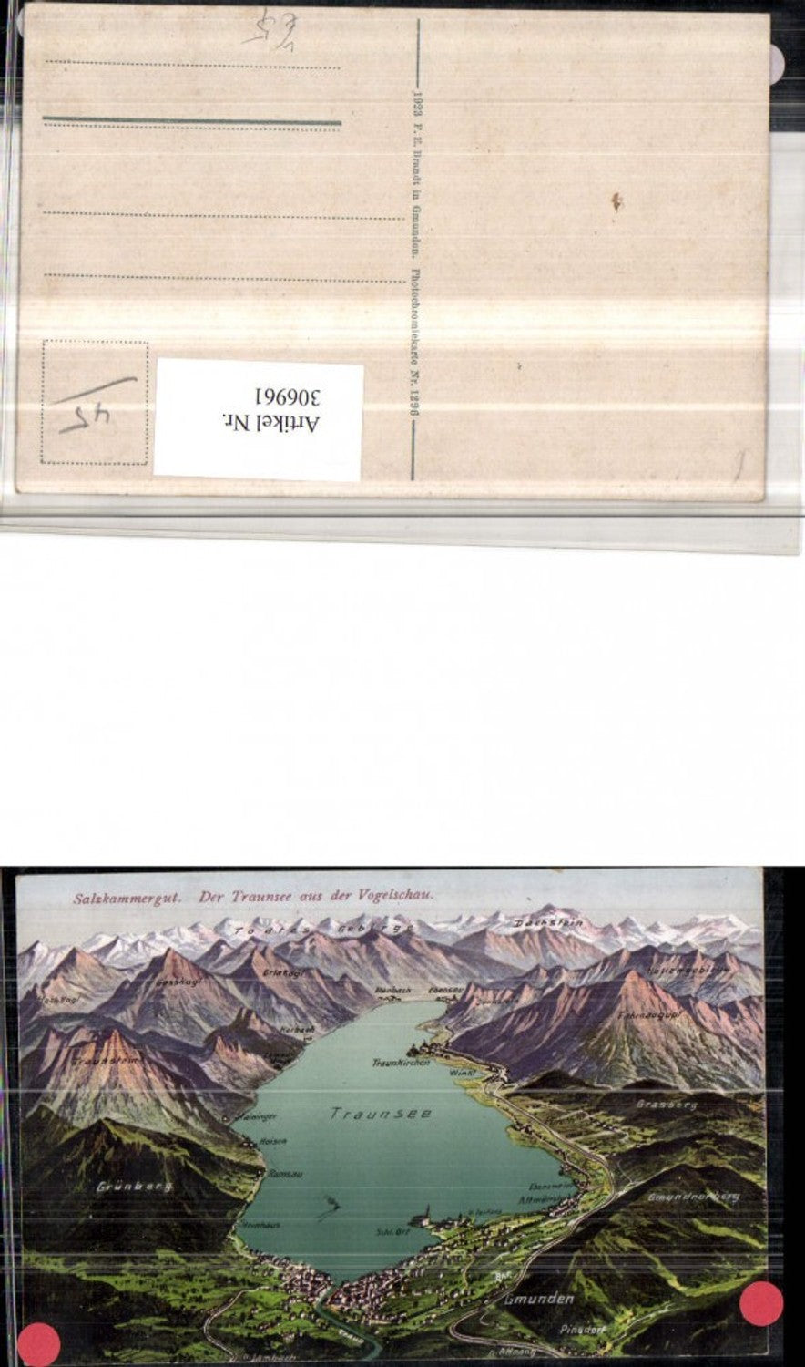 306961,Traunsee aus d. Vogelschau Gmunden Traunkirchen Ebensee pub F. E. Brandt 1296