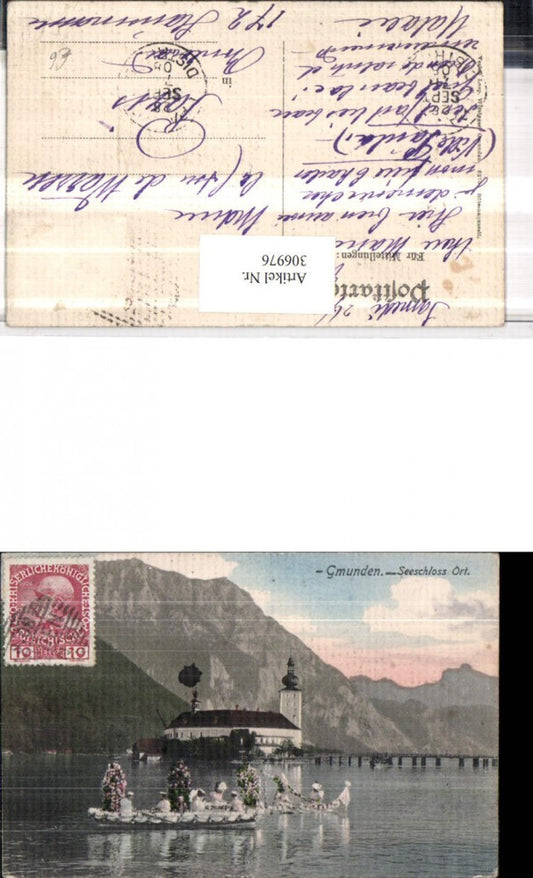 306976,Gmunden Seeschloss Ort Orth Geschmücktes Boot Bergkulisse