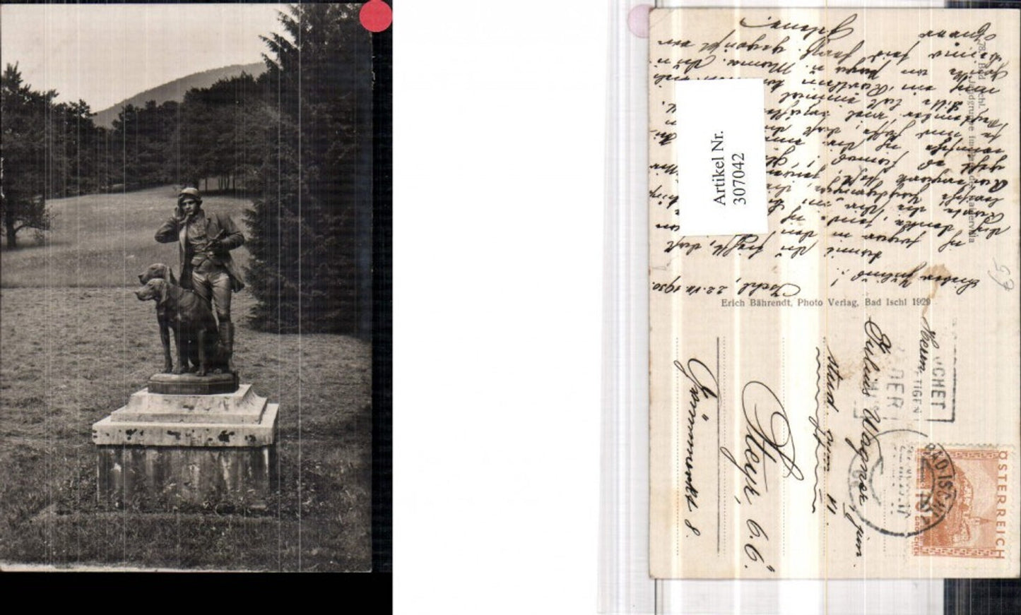 307042,Bad Ischl Jagdgruppe im Park der Kaiservilla Statue Mann m. Hunde