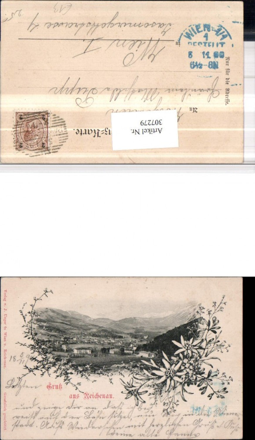307279,Litho Gruß aus Reichenau an d. Rax Totale Bergkulisse Edelweiß