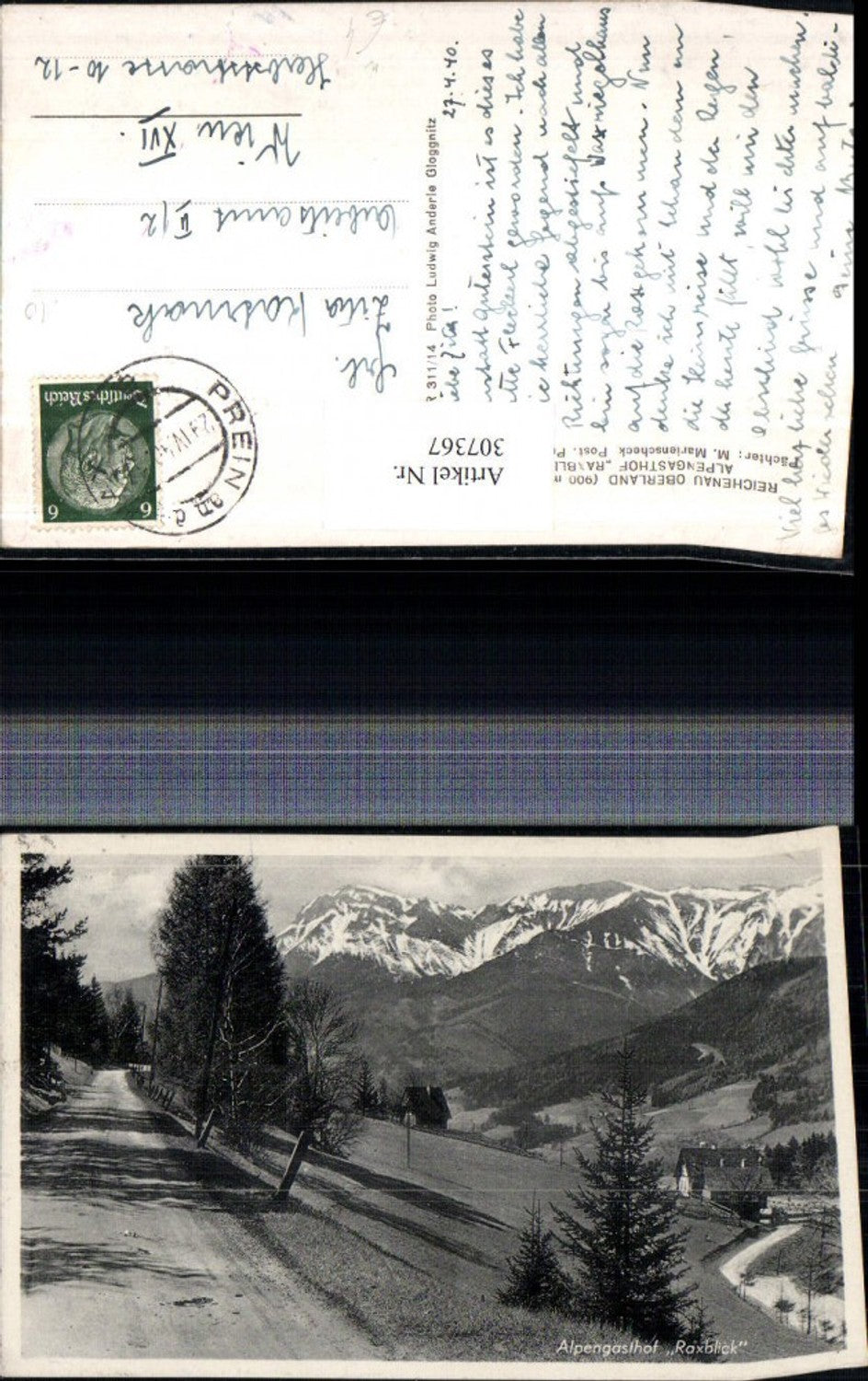 307367,Reichenau Prein Alpengasthof Raxblick geg. Rax Bergkulisse