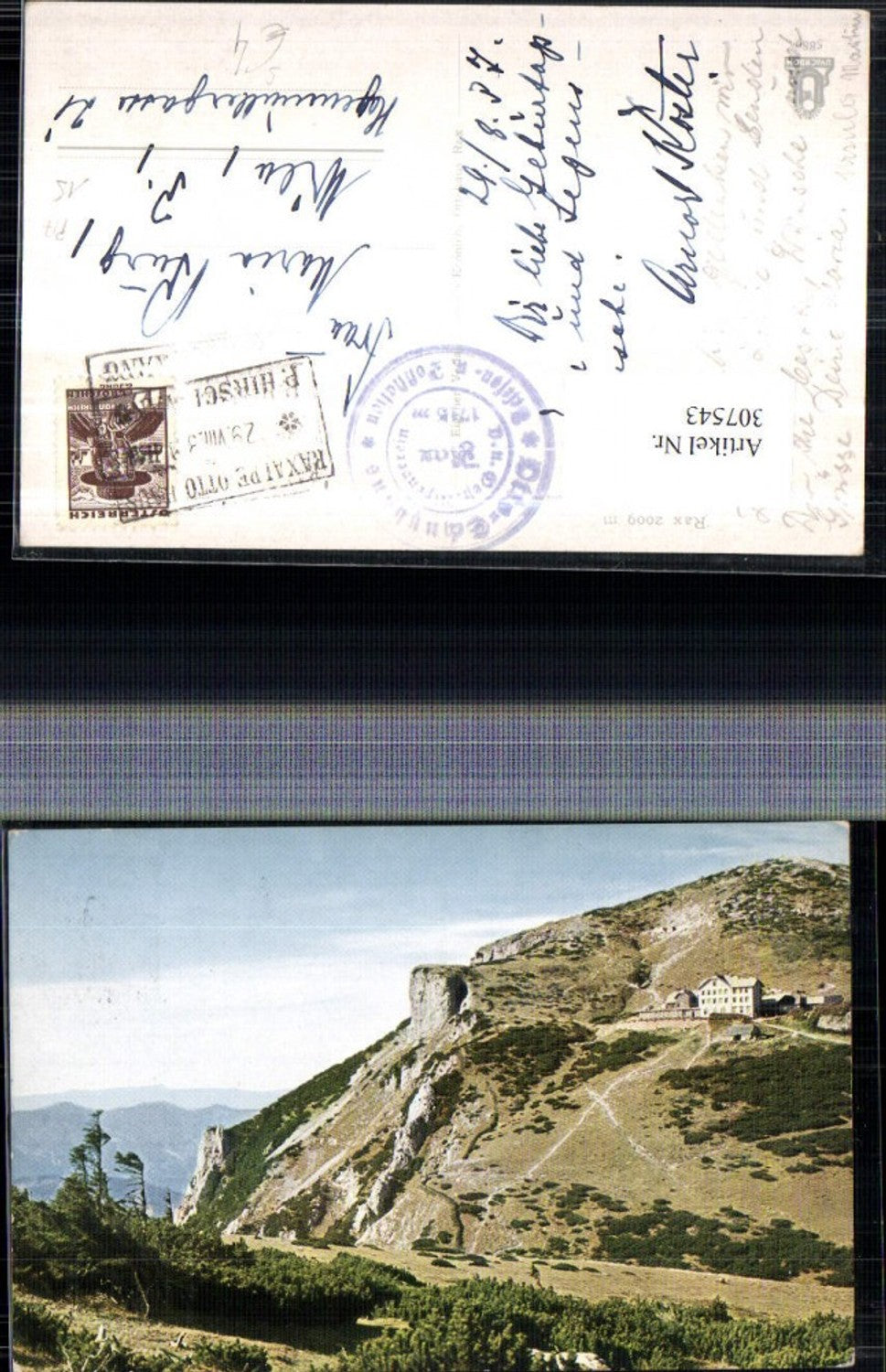 307543,Rax Otto-Schutzhaus Berghütte geg. Jakobskogel b. Reichenau Kastenstempel Hirschwang