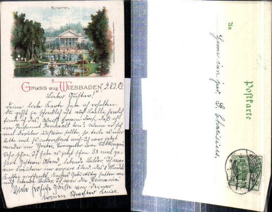 307936,Litho Gruß aus Wiesbaden Kurgarten Kurhaus Springbrunnen