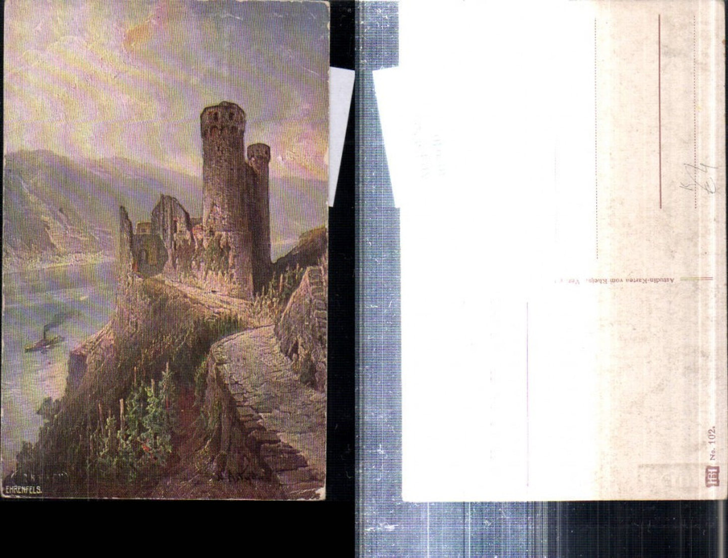 307940,Künstler AK Astudin Ruine Ehrenfels b. Rüdesheim