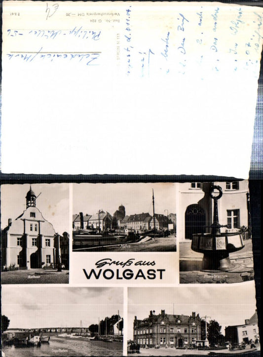 308175,Wolgast Rathaus Postamt Brunnen Segelhafen Hafen Boote Mehrbildkarte