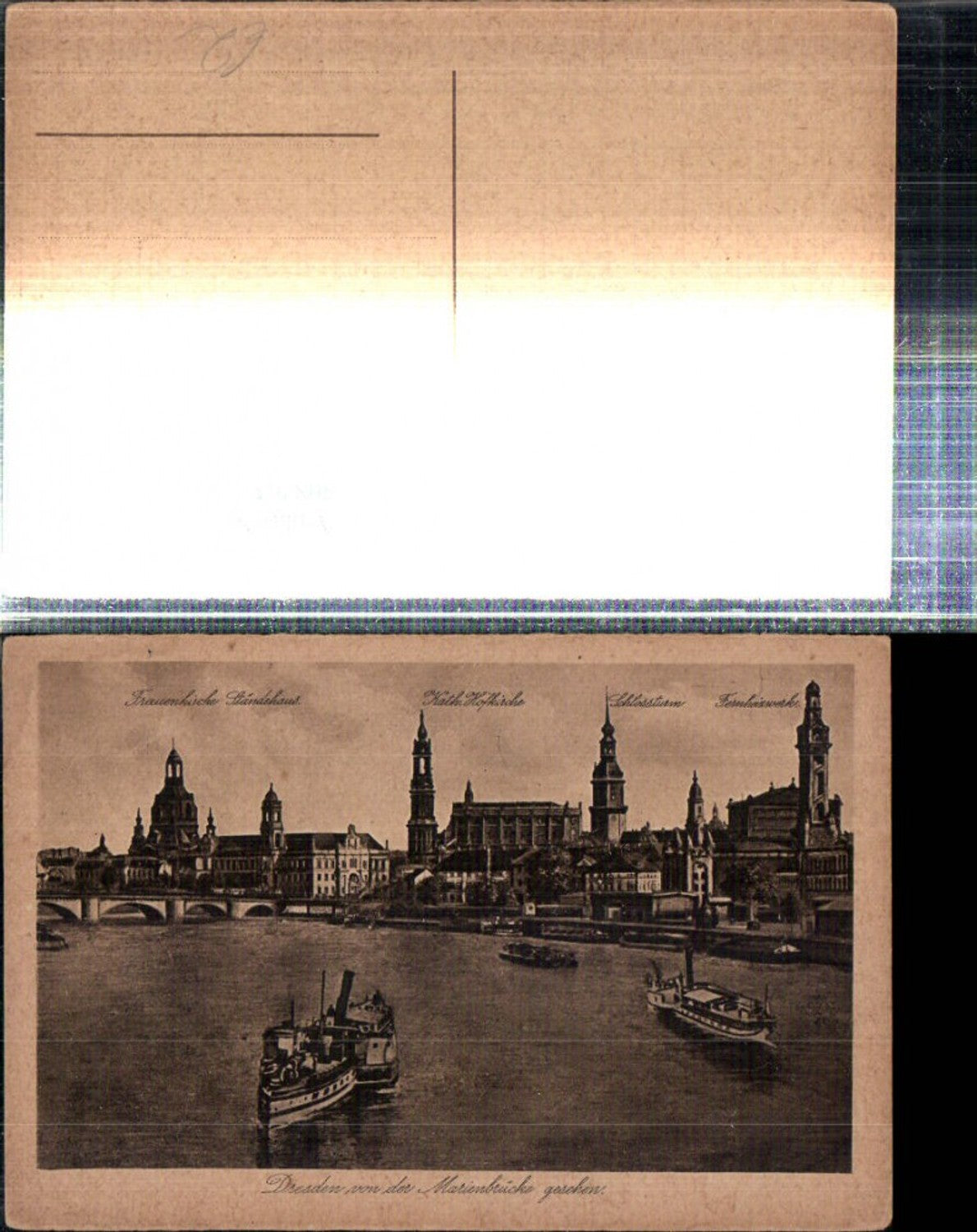 308263,Dresden Teilansicht von d. Marienbrücke Kirchen Türme Dampfer