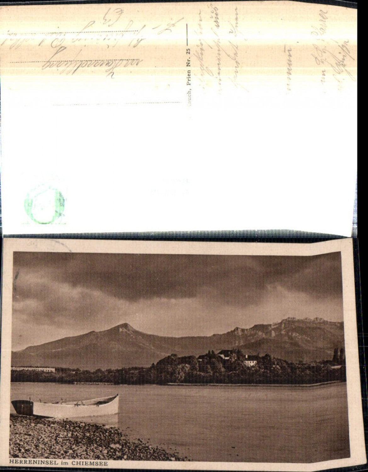 308475,Herreninsel im Chiemsee b. Prien Bergkulisse Boot