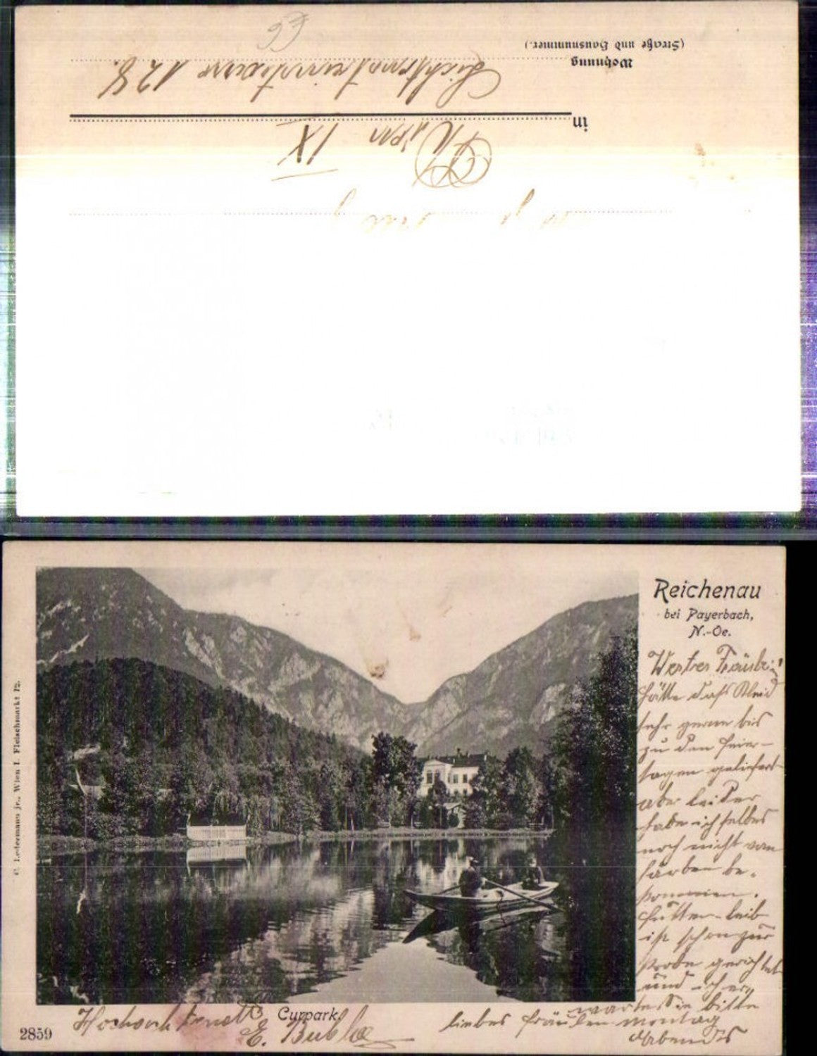 308783,Reichenau an d. Rax Kurpark Kurhaus Teich Ruderboot Bergkulisse