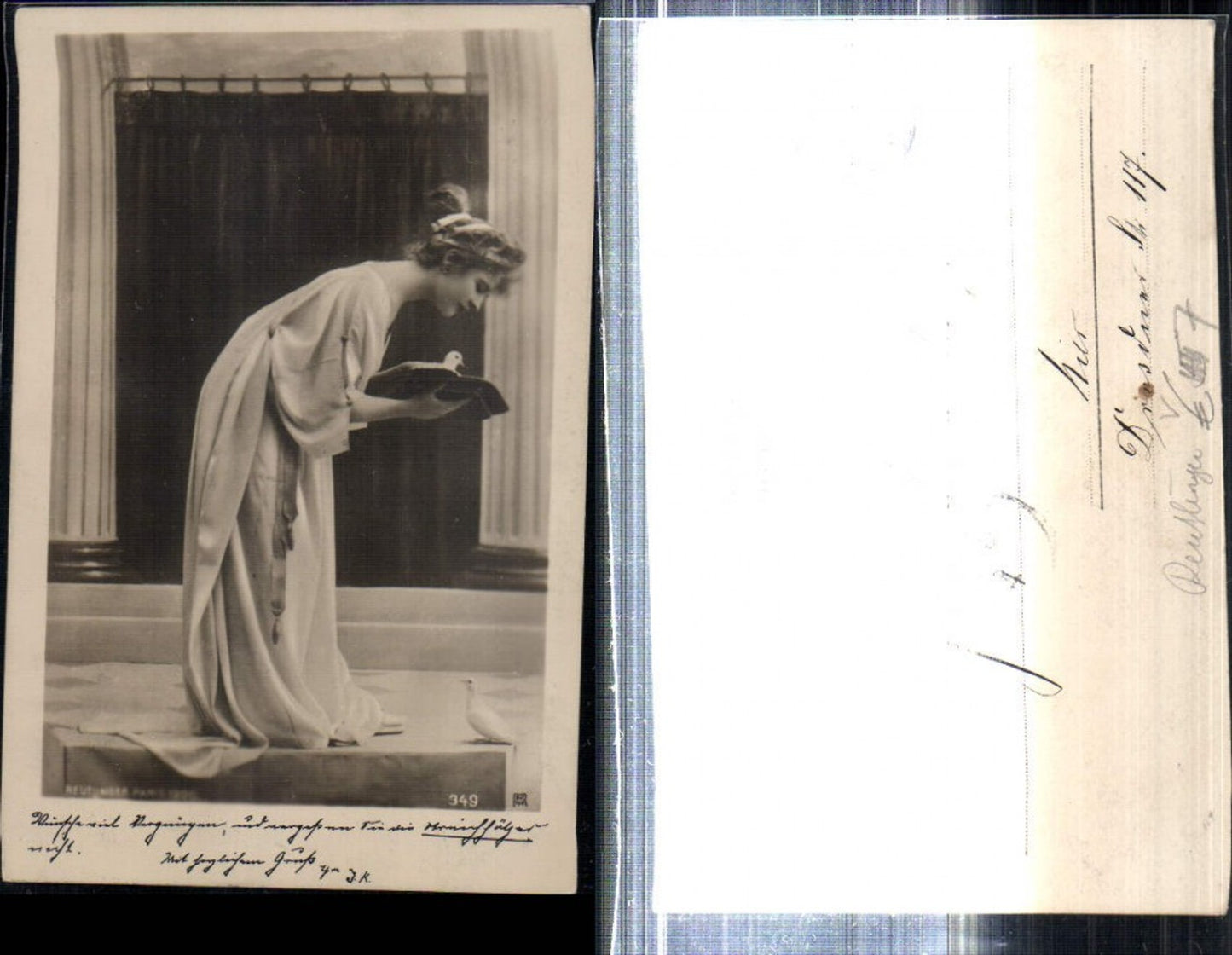 309265,Frau m. Kopfschmuck Kleid Tauben Vögel pub Reutlinger RPH 349