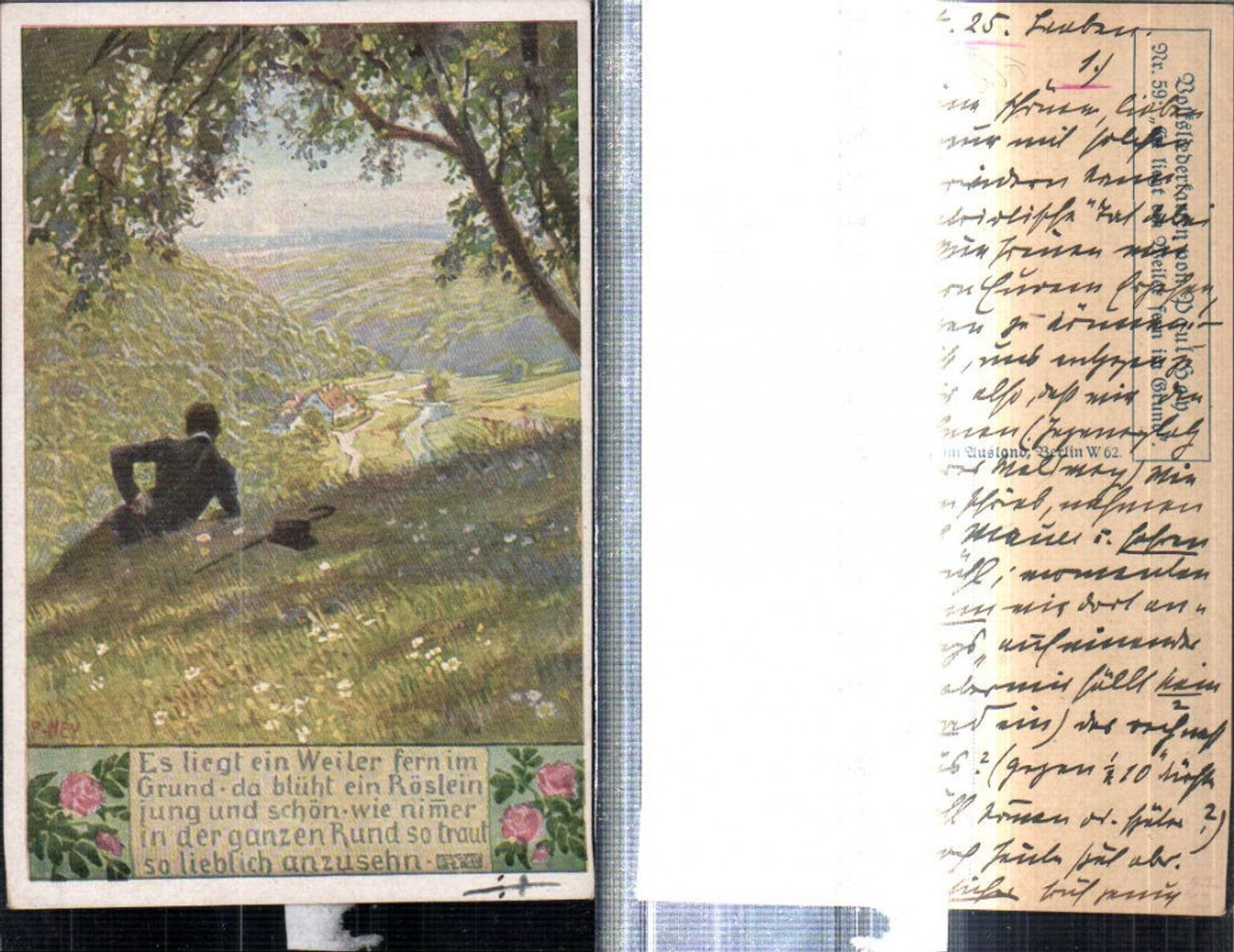 309336,Künstler AK Paul Hey Volkslied Es liegt ein Weiler fern im Grund Mann Wiese