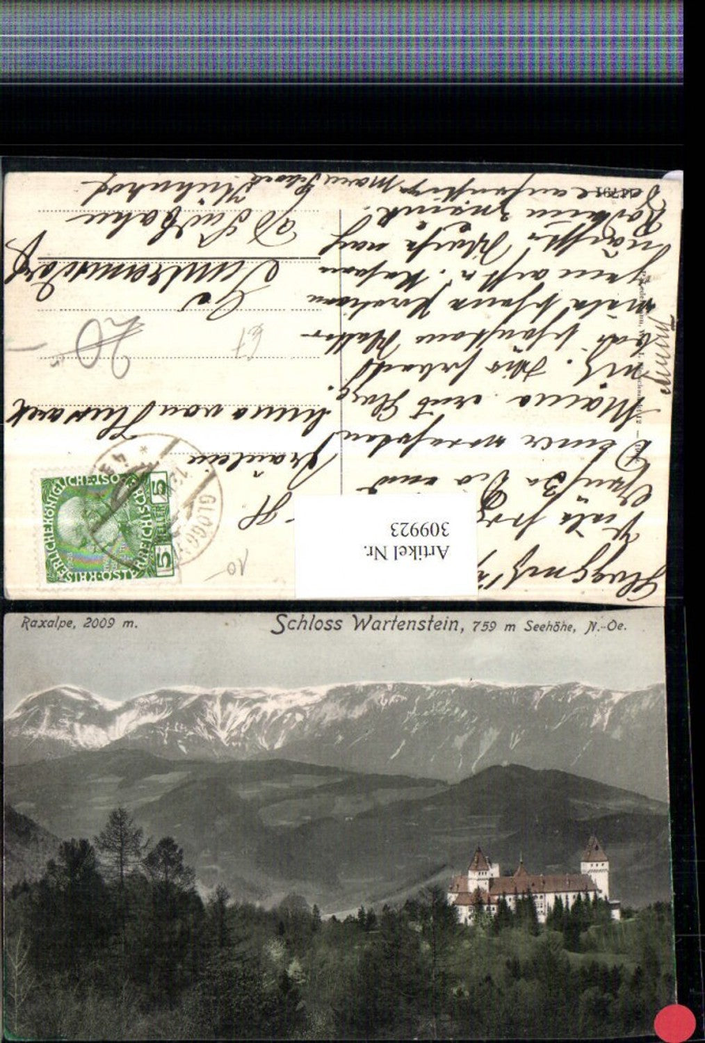 309923,Schloss Wartenstein b. Gloggnitz m. Raxalpe Bergkulisse