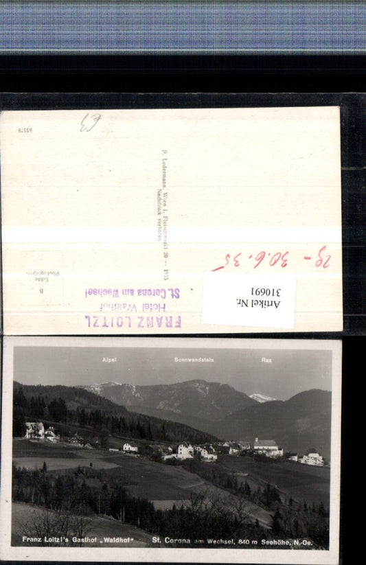 310691,St. Corona am Wechsel Totale m. Franz Loitzls Gasthof Waldhof Bergkulisse