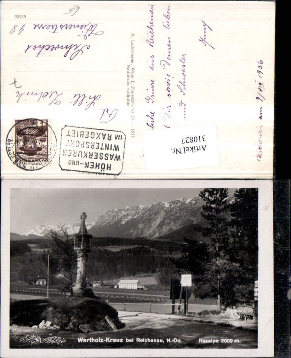 310827,Wartholz-Kreuz Bildstock b. Reichenau m. Raxalpe Bergkulisse