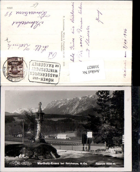 310827,Wartholz-Kreuz Bildstock b. Reichenau m. Raxalpe Bergkulisse