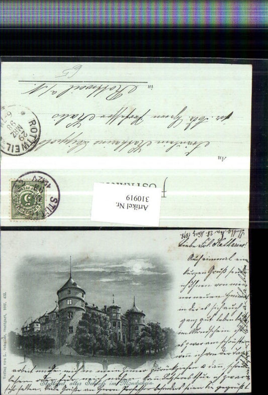310919, Moon Lithograph Stuttgart Old Castle in Moonlight