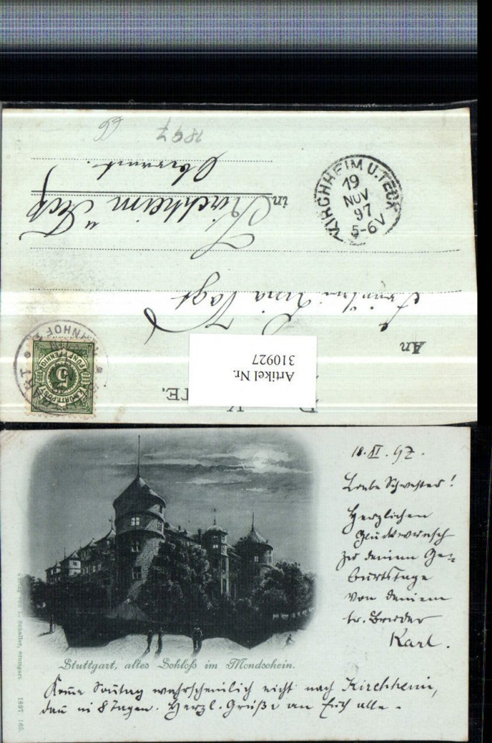 310927,Mond Litho Stuttgart Altes Schloss im Mondschein