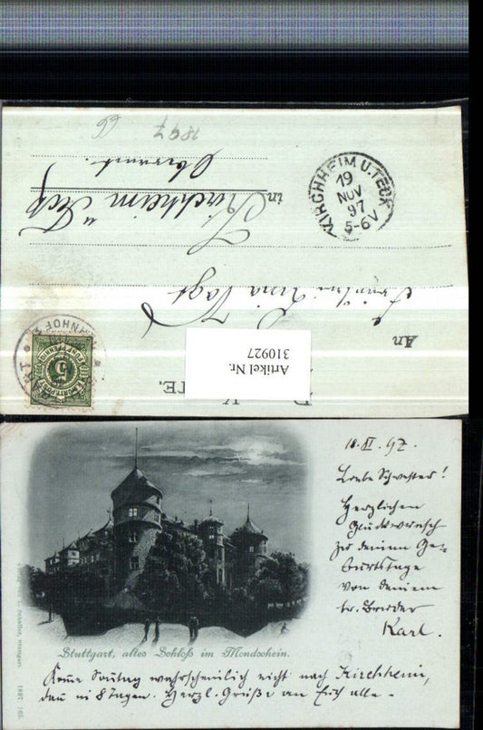 310927,Mond Litho Stuttgart Altes Schloss im Mondschein