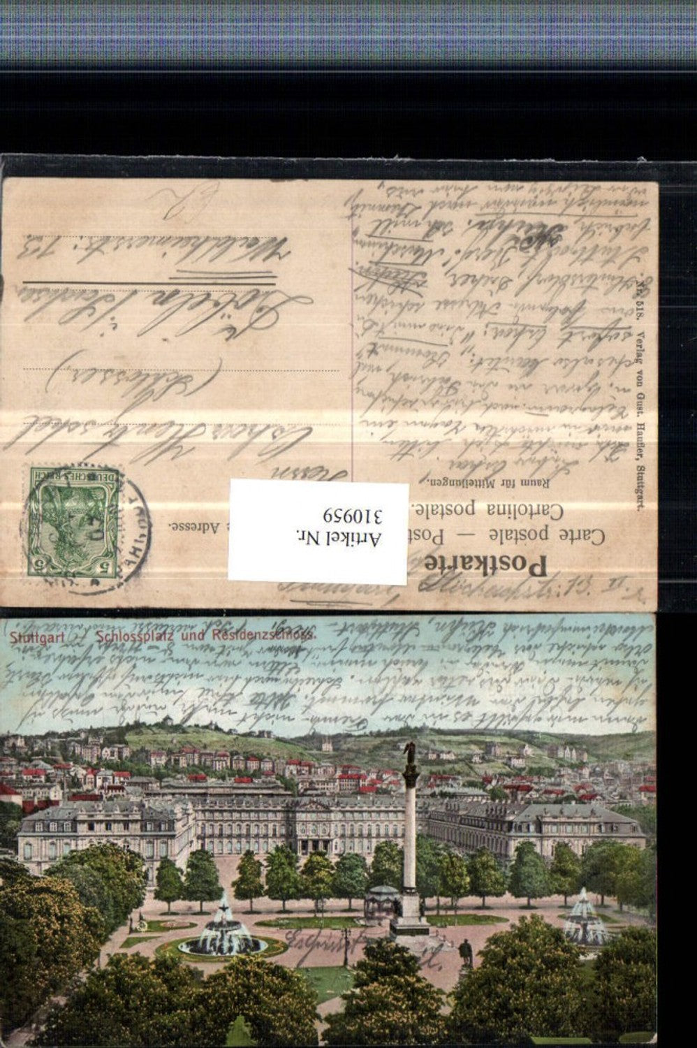 310959,Stuttgart Schlossplatz m. Residenzschloss Säule Brunnen