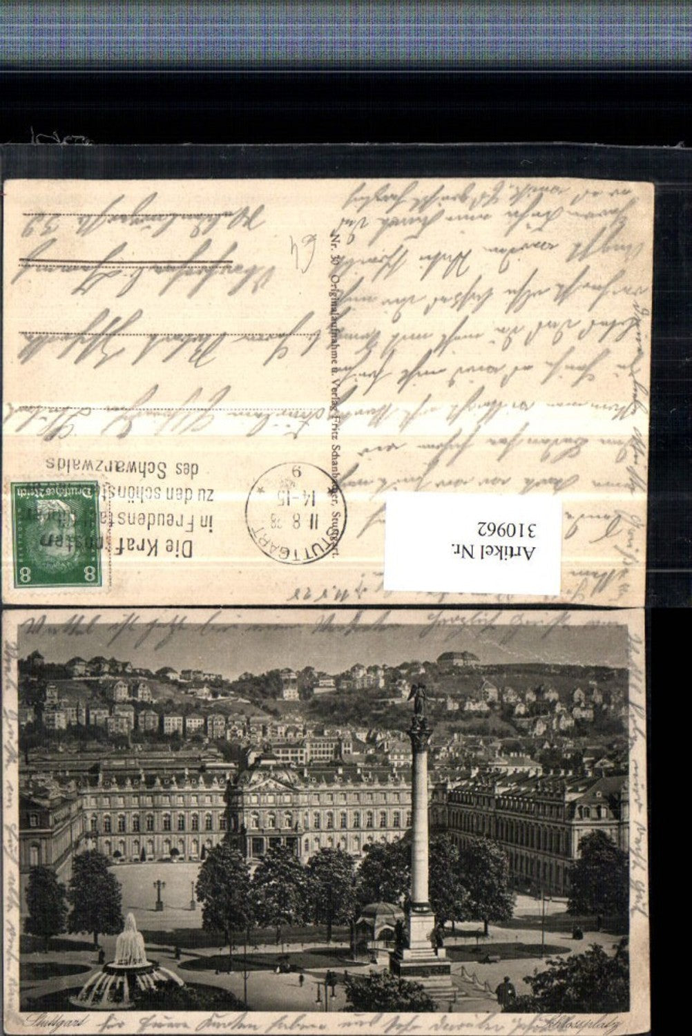 310962,Stuttgart Teilansicht Schlossplatz Schloss Säule Brunnen