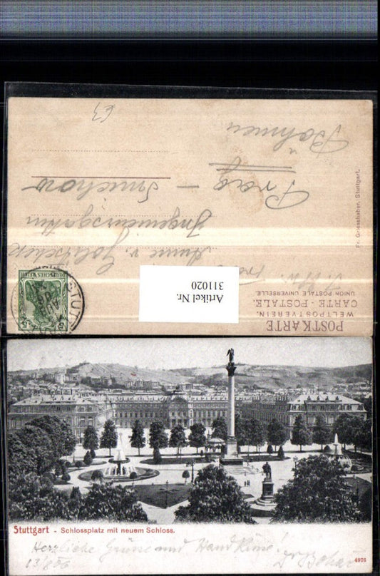311020, Stuttgart, Schlossplatz with New Castle, Column, Fountain, Monument