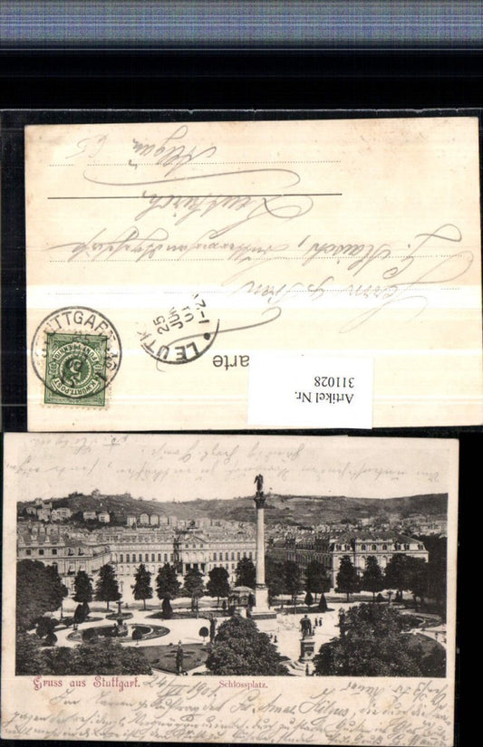 311028, Greetings from Stuttgart, Schlossplatz with New Palace, column, monument, fountain