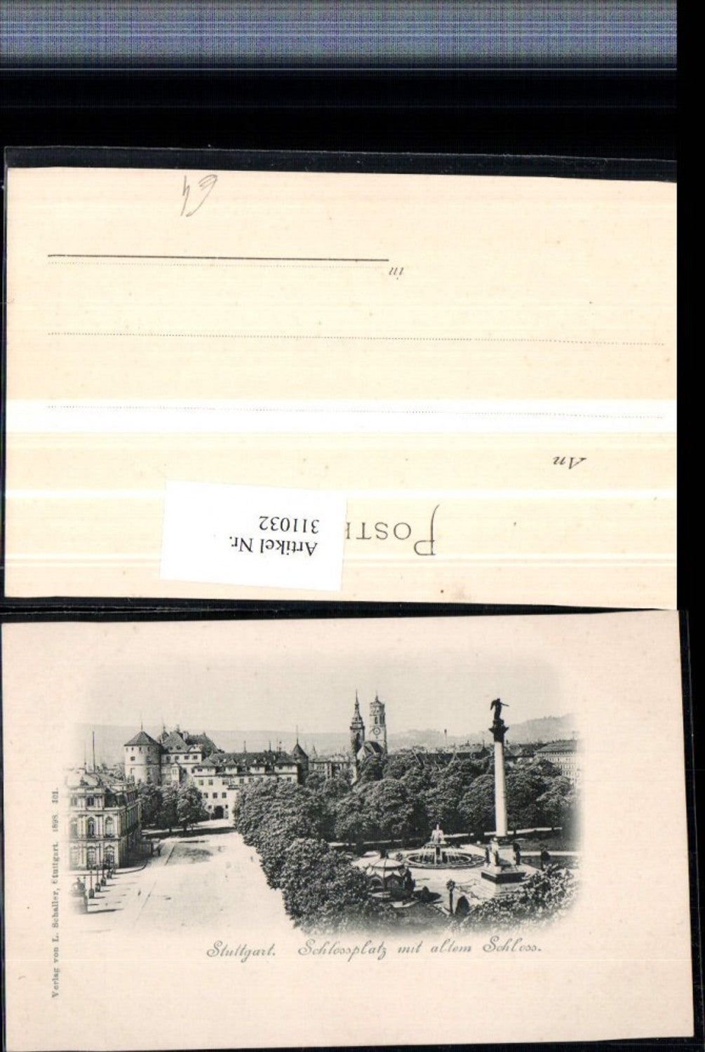 311032,Stuttgart Schlossplatz m. Altem Schloss Säule Brunnen