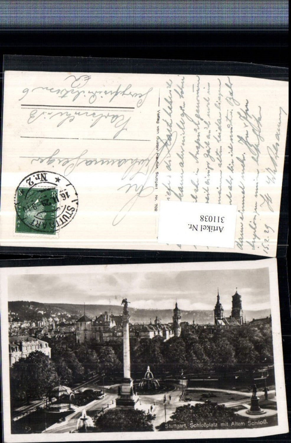 311038,Stuttgart Schlossplatz m. Altem Schloss Säule Brunnen Denkmal