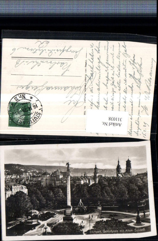 311038, Stuttgart Schlossplatz with Old Castle, Column, Fountain, Monument