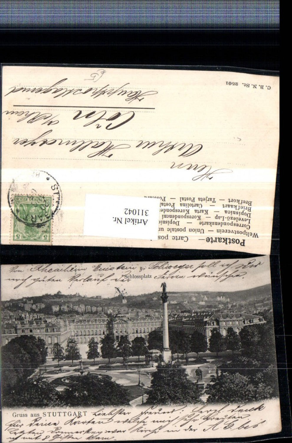 311042,Gruß aus Stuttgart Schlossplatz Schloss Säule Brunnen Denkmal