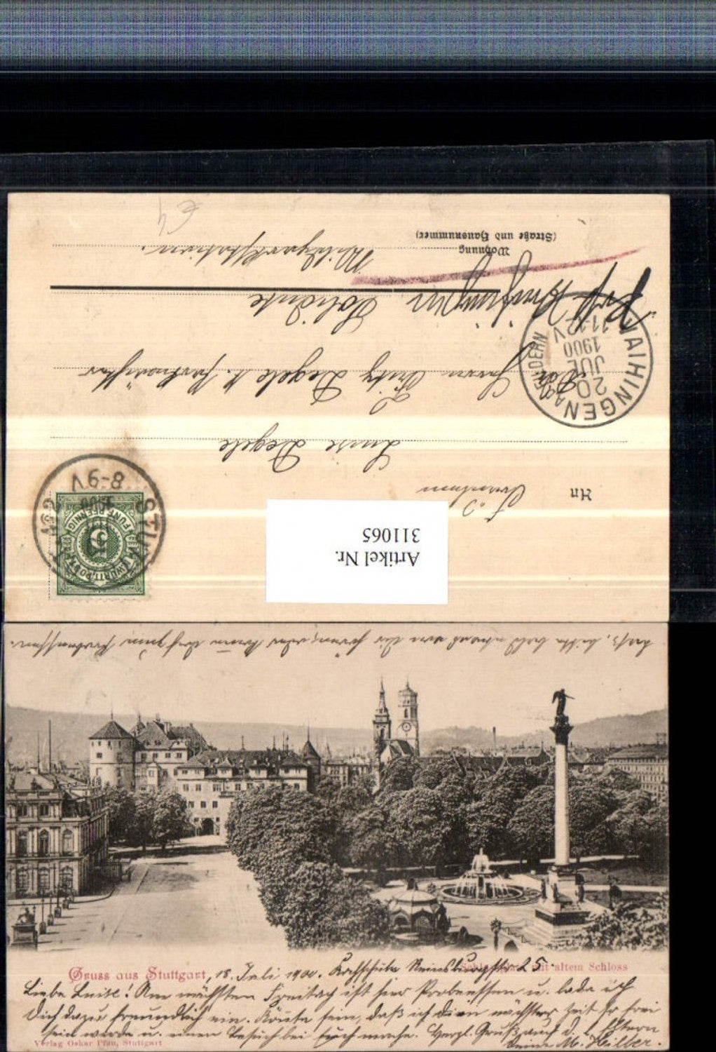311065,Gruß aus Stuttgart Schlossplatz m. Altem Schloss Säule Brunnen