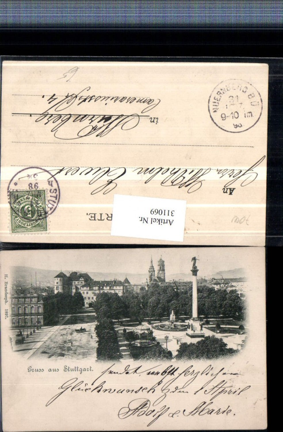 311069,Gruß aus Stuttgart Schlossplatz m. Altem Schloss Säule Brunnen