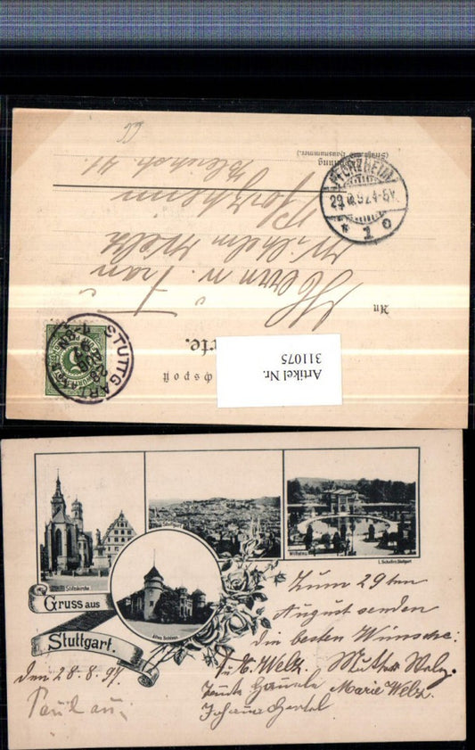 311075, Greetings from Stuttgart, Total view of the Old Palace, Wilhelma, Collegiate Church, Multi-view postcard