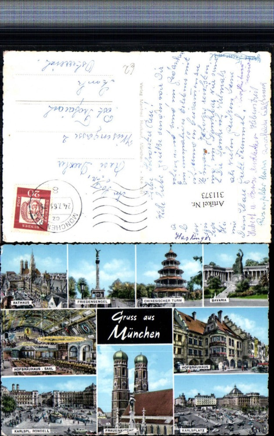 311373,München Rathaus Frauenkirche Karlsplatz Hofbräuhaus Bavaria Friedensengel Mehrbildkarte