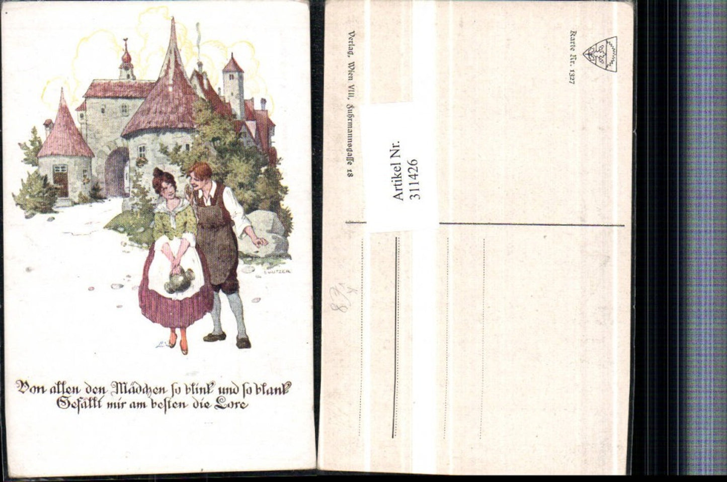 311426,Deutscher Schulverein 1327 Künstler E. Kutzer Lore Text Frau m. Kleid Mann Burg