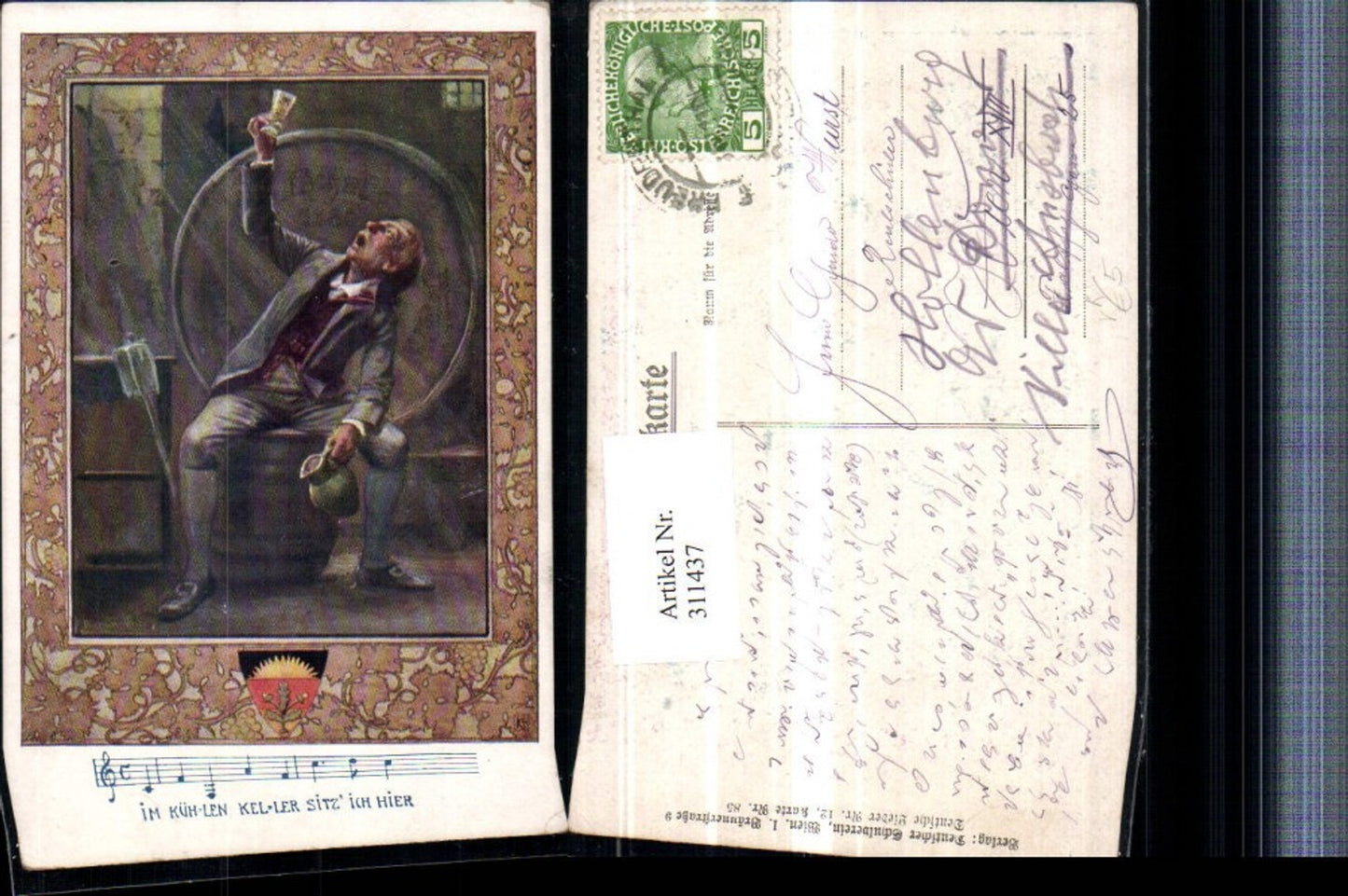 311437,Deutscher Schulverein 85/12 Liedkarte Künstlerkarte Weinkeller Mann m. Wein Krug Liedzeile