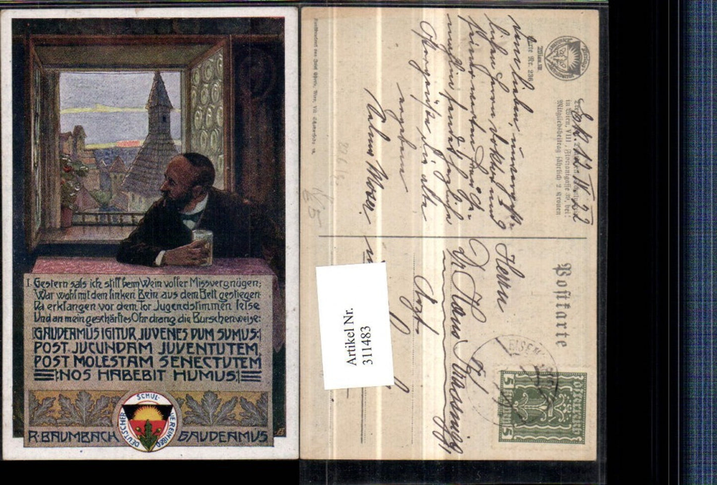311483,Deutscher Schulverein 236 Künstlerkarte Mann m. Bier Fenster Dorfansicht Text