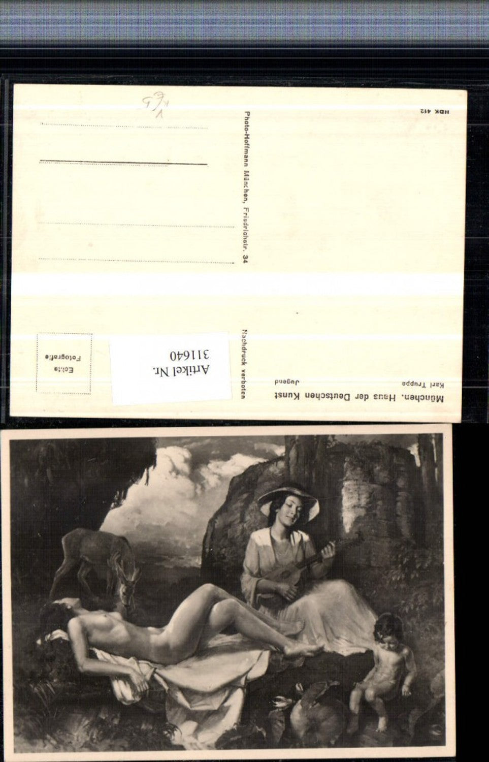 311640, House of German Art HDK 412 Artist Karl Truppe Youth Woman Nude Hat Guitar Deer