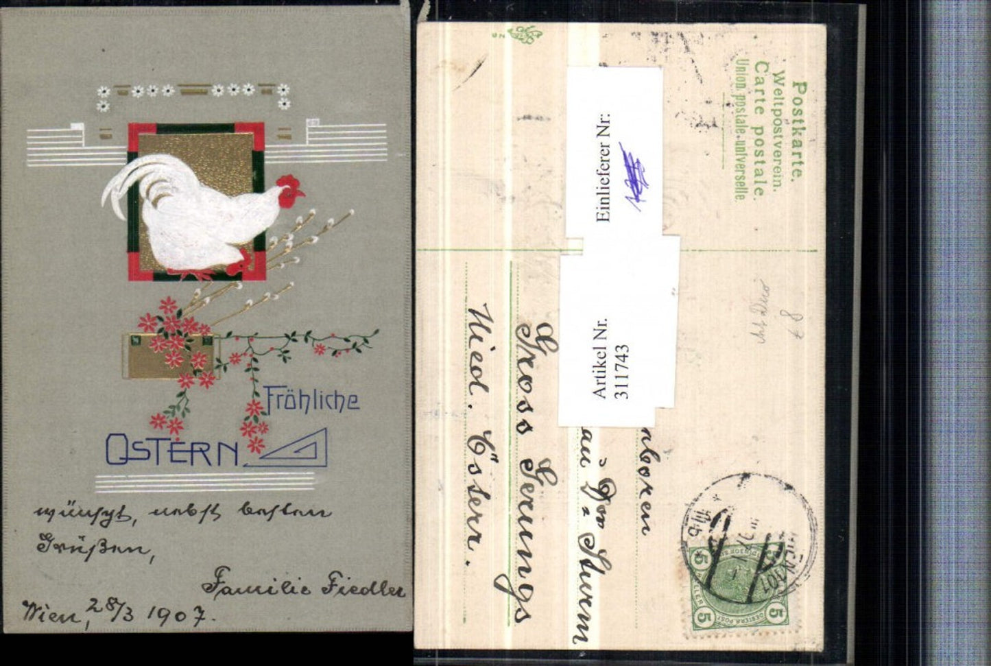 311743,Präge AK Art Deco Ostern Hahn Huhn Palmkätzchen Blumen