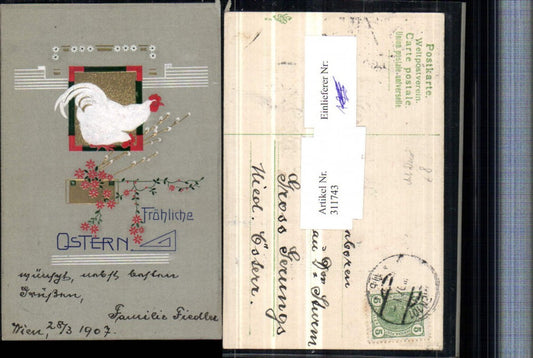 311743,Präge AK Art Deco Ostern Hahn Huhn Palmkätzchen Blumen