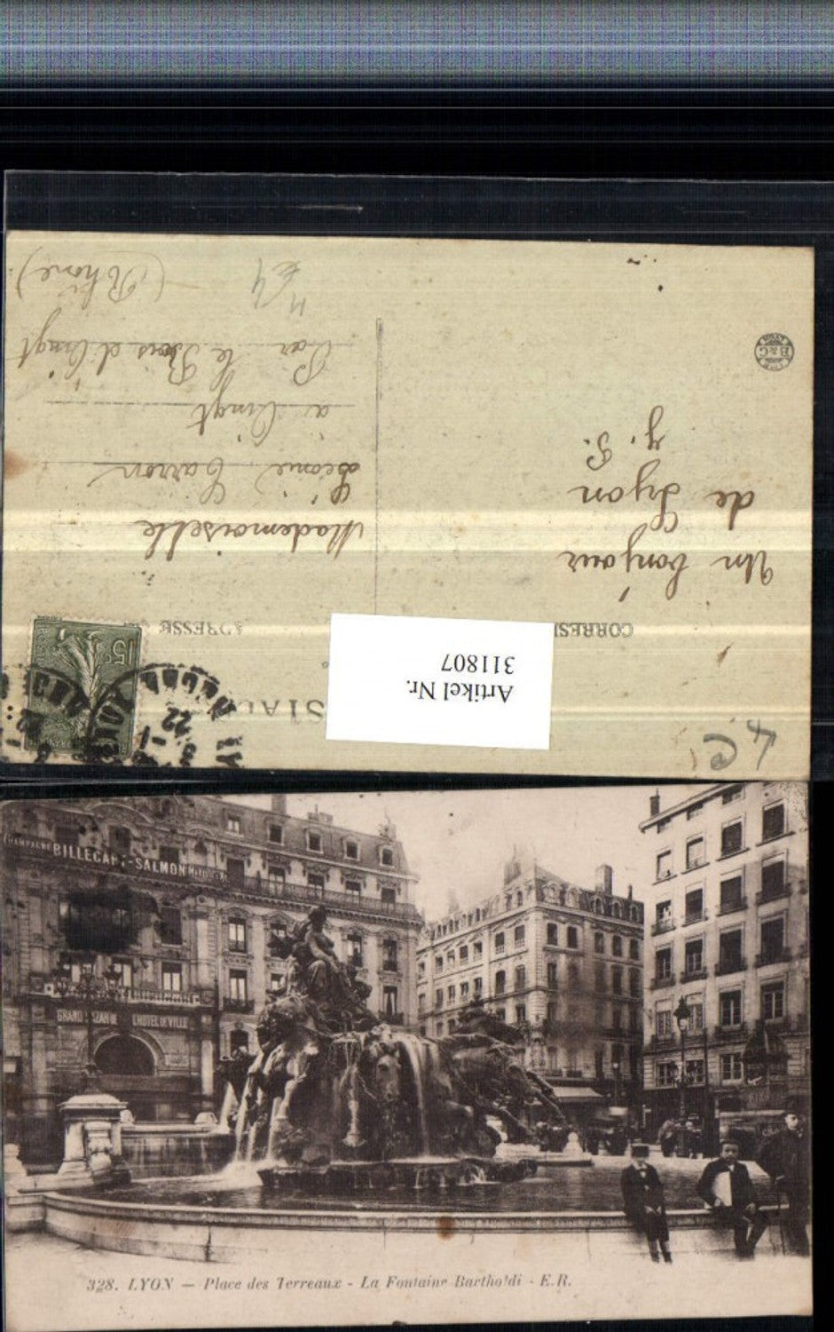 311807,Lyon Place des Terreaux La Fontaine Bartholdi Brunnen