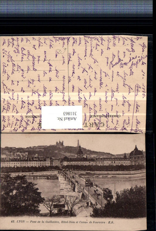 311863,Lyon Pont de la Guillotiere Hotel Dieu et Coteau de Fourviere Teilansicht Brücke