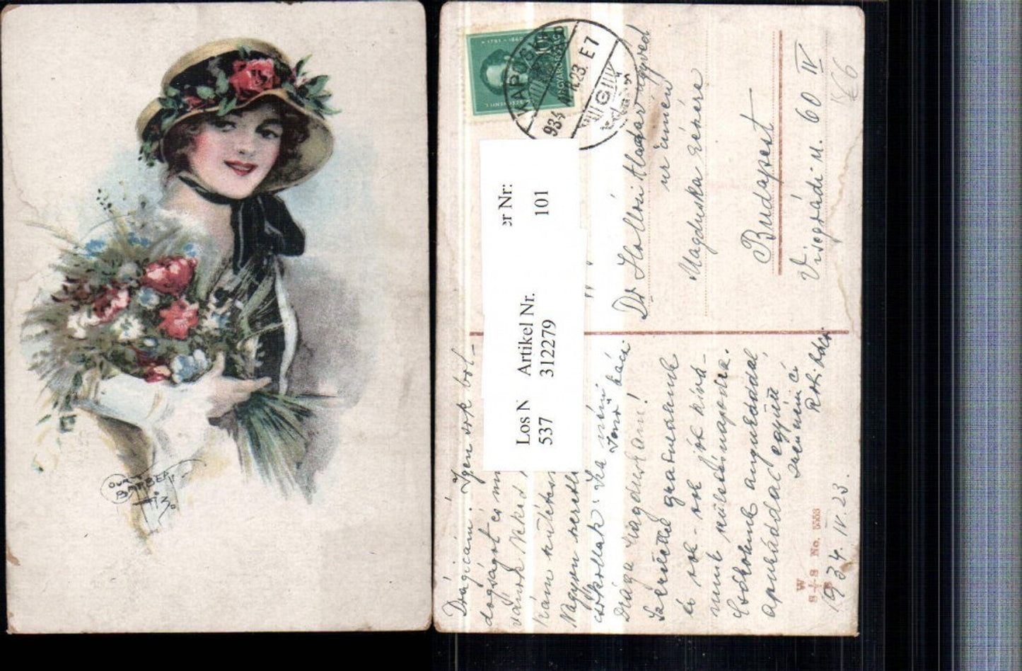 312279,Künstler AK Court Barber Frau Glamour Hut Blumen